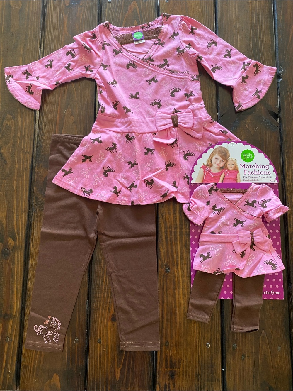 Dollie & Me Pink & Brown Horse-Print Set with Matching Doll Outfit. Size 3